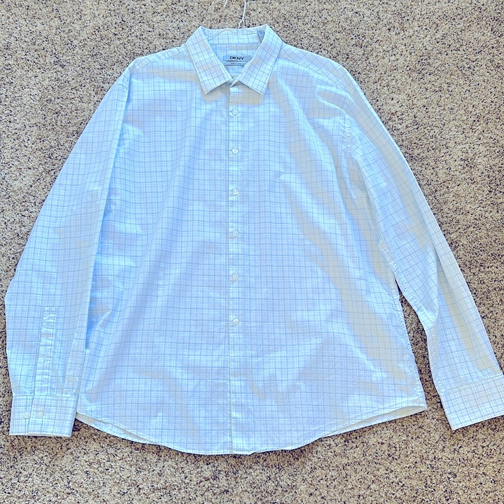 DKNY Cotton White & Blue Stripes Men’s Slim Fit Stretch Dress Shirt 18 36/37